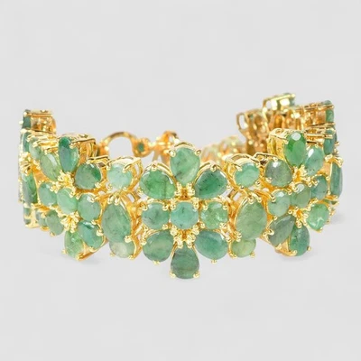 925 Sterling Silver Emerald Bracelet 24K Gold Plated Flower Gemstone Jewelry - Image 1 of 4