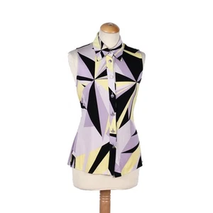 Second Hand Versace Silk Top Size 10 Italy Yellow Violet Geometric - Picture 1 of 7