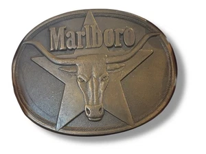VINTAGE 1987 Philip Morris MARLBORO Belt Buckle Solid Brass Long Horn Steer - Picture 1 of 3