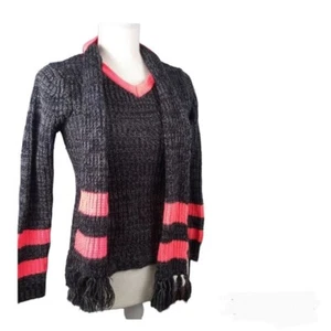Planet Gold Sweater With Attached Scarf Girls Large 14 Gray & Pink Knit V-Neck - Picture 1 of 9