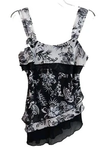 Vintage Y2k 90s Top Blouse Medium Black And White Assymeteical Hem Seperates - Picture 1 of 5