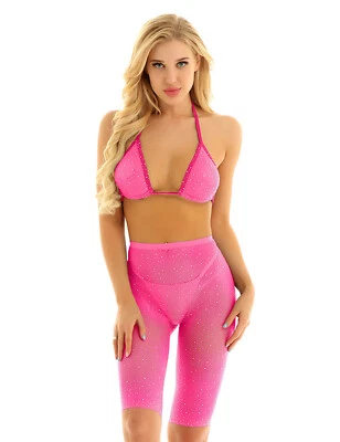 Traje de baño corto sujetador de red de bikini con estrás brillante para mujer Foto 1 de 4