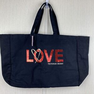Victorias Secret Large Black Canvas Tote Bag Love Heart Red Sequins NWT $58