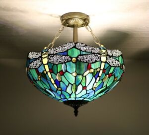 Enjoy Tiffany Style Dragonfly Green Blue Stained Glass  Vintage Ceiling Lamp H16