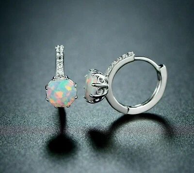 2Ct Round Cut Lab Created Fire Opal Huggie & Hoop Earrings 14K White Gold Plated - Image 1 of 4