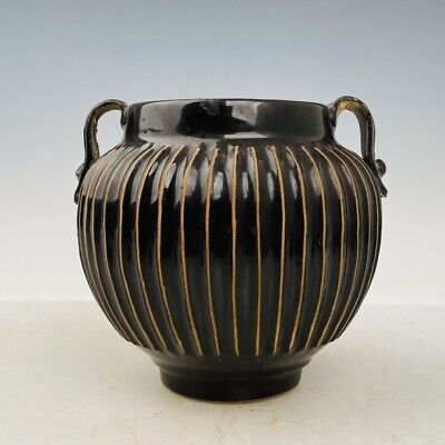 5.9  Chinese Old Antique Porcelain Dynasty Black Glaze Double Ear Jar Pot • 335.07$