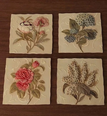 Juego De Colección 4 Placas De Pared Florales 3D Relieve Elevado Lila Hortensias Peonías Rosa Foto 1 de 4