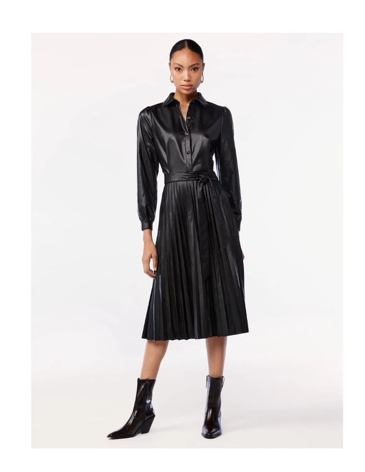 Vestido midi plisado de cuero sintético Scoop para mujer, talla GRANDE NEGRO Foto 1 de 2