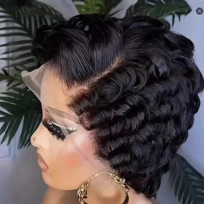 Short Pixie Cut Finger Wave 100% Human Hair Wigs for Women Lace Front Wig L Part - Image 1 of 4