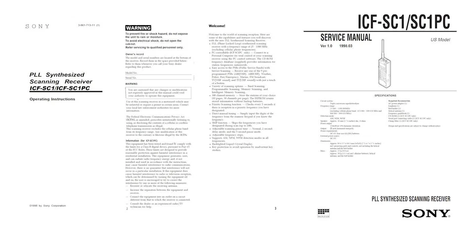 ESCÁNER SONY ICF-SC1 WAVEHAWK INSTRUCCIONES DE FUNCIONAMIENTO y MANUAL DE SERVICIO Foto 1 de 1