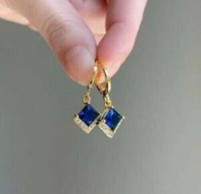 4.00 Ct Simulated Blue Sapphire Drop Dangle Earrings 14k Yellow Gold Plated - Image 1 of 4