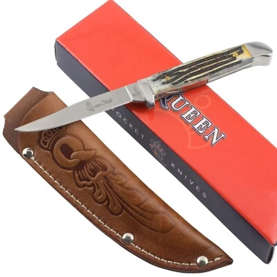 Queen Cutlery Bird and Trout Fixed Blade Knife Winterbottom Jigged Bone - Image 1 of 4