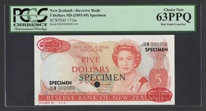 New Zealand 5 Dollars ND(1985-89) P171bs "Specimen" Uncirculated Grade 63 - Picture 1 of 2