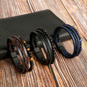 Men's Layered Braided Leather Beaded Bracelet Wrist Band Bangle Multi-layer - Picture 1 of 11