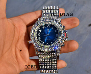 HIP HOP ICED BLING-ED OUT RAPPER GOLD PT LAB DIAMOND MENS BLUE DIAL LUXURY WATCH