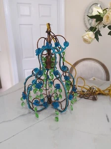 Blue Green Lucite Chandelier Hanging Lamp Antique Brass Hippie BoHo Birdcage  - Picture 1 of 15
