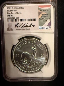 2021 SOUTH AFRICA SILVER KRUGERRAND NGC MS70 FIRST DAY OF ISSUE ED HARBUZ SIGNED - Picture 1 of 5