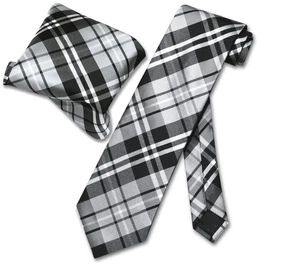 Vesuvio Napoli Black Gray White PLAID NeckTie and Handkerchief Matching Tie Set - Picture 1 of 2