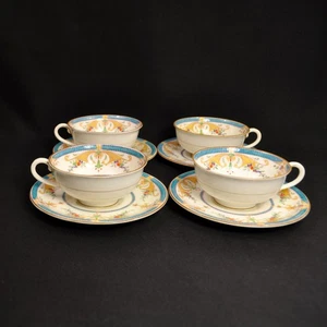 Royal Worcester Bordeaux 4 Cups & 4 Saucers 1926 Blue Hand Painted Raised Enamel - Picture 1 of 12