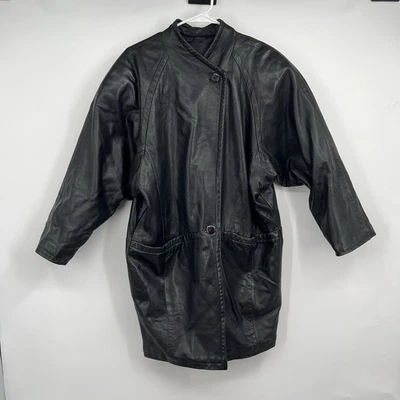 Chaqueta gabardina de cuero negra Michael Hoban North Beach de colección años 80 Lagenlook Foto 1 de 4