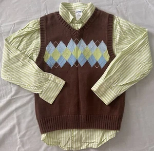 Gymboree Boys 2 Piece Argyle Sweater Vest + Striped Green Button Up Set Size 6 - Picture 1 of 3