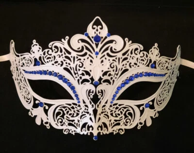 White Blue Crystal Crown Laser Cut Mask Masquerade Metal Filigree - Image 1 of 3