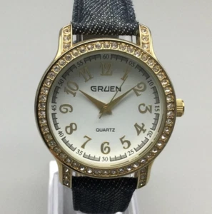 Gruen Watch Women Pave 39mm Gold Tone Round Dial Blue Denim Band New Battery a3 - Picture 1 of 15