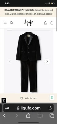 Smoking Il Gufo Boy’s preto algodão liso veludo tamanho 10 anos, novo com etiquetas $1.300 feito na Itália - Imagem 1 de 4