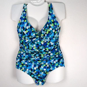 Maxine of Hollywood One Piece Swimsuit 18 Blue Green Artsy Polka Dot Ruched - Picture 1 of 16