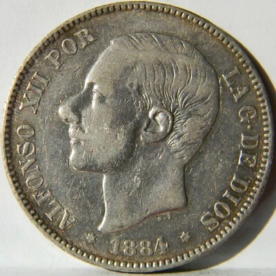 SPAIN, Alfonso XII: large 1884 (84) MS-M silver 5 Pesetas; sharp XF - Image 1 of 2