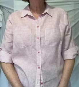 DAVID LAWRENCE size 14 Pink SHIRT Pure Linen POCKETS 3/4 sleeves with Tabs - Picture 1 of 18