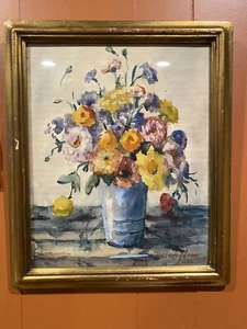 Antique Original Flowers and Vase Watercolor Painting Signed Anna Belle Stone - Picture 1 of 18