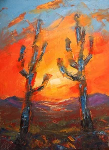 Mexico Sunset 10x14'' Oil Painting – Fiery Desert Cactus Art Handmade Original - Picture 1 of 5