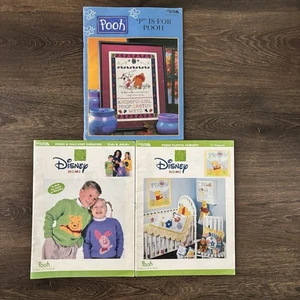 Pooh Pattern Book Lot Disney Knit Sweaters Nursery Cross Stitch Set of 3 - Picture 1 of 7