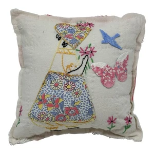 NEW Handmade Sunbonnet Sue Butterfly & Bird Pillow. Feedsack Quilt Old Chenille - Picture 1 of 8