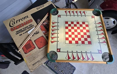 Vtg Rare 1960s Carrom Wood Game Chess Board #100 Netted Pockets w/Box & Sticks  - Image 1 of 4