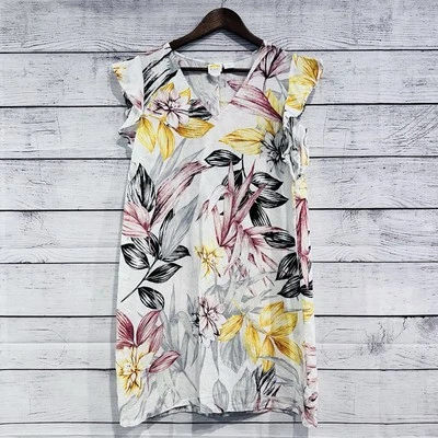 C&C California Dress Size Large Linen Tropical Floral Ruffle Sleeveless Shift - Image 1 of 4