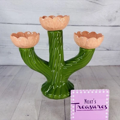 Threshold Target GREEN CACTUS Peach Flowers Ceramic Candle Holders Candelabra - Image 1 of 4