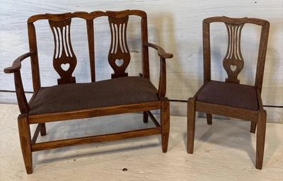 Vtg Dollhouse Miniature Handmade Model/Replica Wood Chippendale Bench & Chair - Imagem 1 de 4