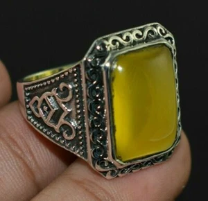 Anello vintage in argento sterling 925 con pietra onice gialla a forma di cus... - Foto 1 di 3