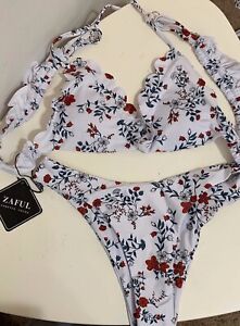 Zaful Womens NWT White Floral Print Bikini Swim Set