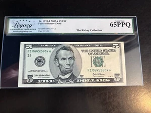 DBR 2003-A $5 FRN Minneapolis Gem Fr. 1991-I Legacy 65 PPQ Serial FI06452604A - Picture 1 of 2