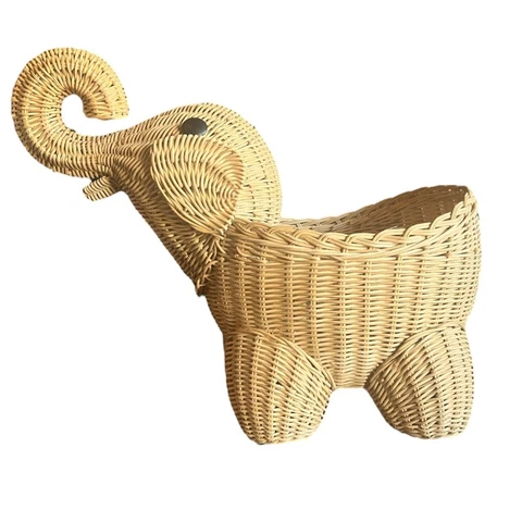 VTG 80's Rattan Basket Cute Elephant Hand Woven Wicker Planter Nursery Decor Cover