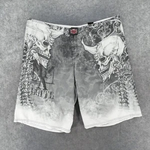 MMA Elite Board Shorts Swim Trunks Mens XL Gray White Skull Horn Grunge - Picture 1 of 17
