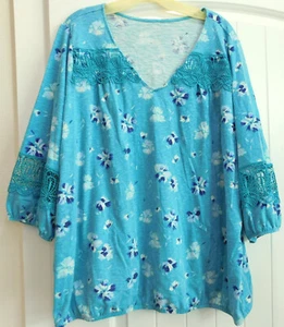 Camisa Top St. John's Bay AZUL AGUA FLORAL Tejido Elástico Manga 3/4 3X - Imagen 1 de 4