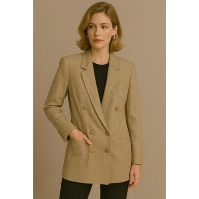 Ellen Tracy Petite Double Breasted Silk Blazer Beige Plaid Button Down Career - Image 1 of 4