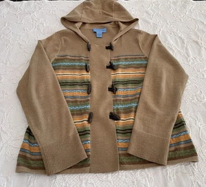 Doncaster Sport Toggle Buttons Hooded Cardigan Pockets Striped Wool Blend Lady L - Picture 1 of 10