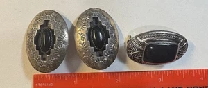 Vintage Sterling Silver Onyx Earrings & Art Deco Black Stone Brooch Lot - Picture 1 of 7