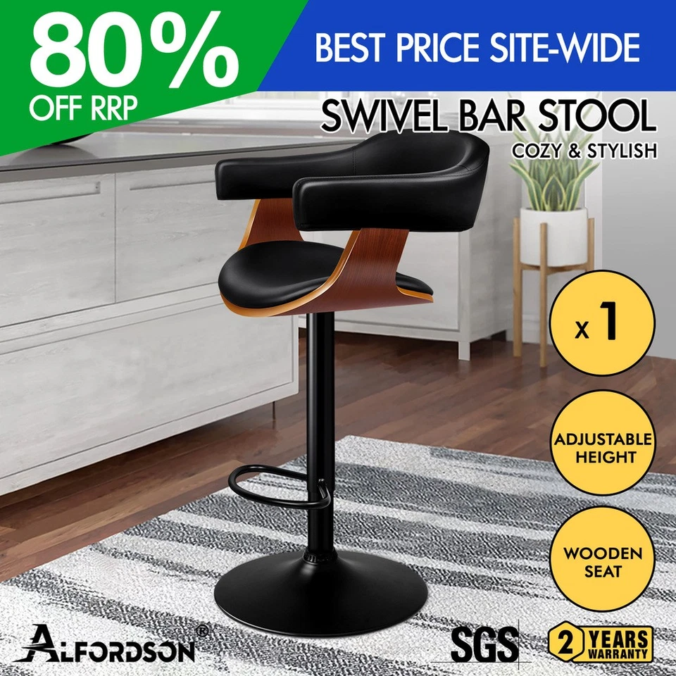 ALFORDSON 1x Bar Stool Joan Kitchen Swivel Chair Wooden Leather Gas Lift Black