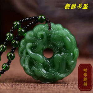 Green Stone Carved Chinese Dragon Crystal Jade Pendant Amulet Necklace Gift